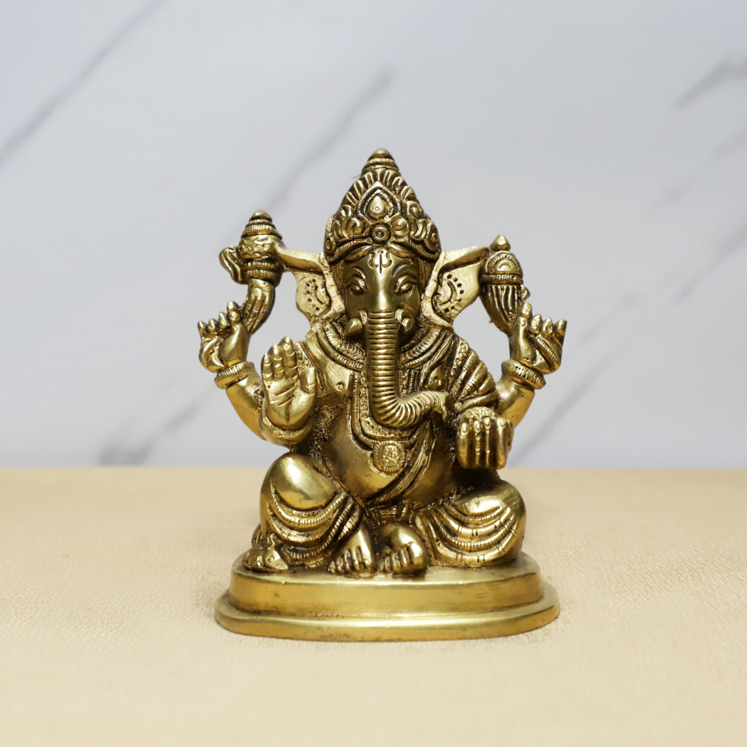 Chowki Ganesh Design Brass Idol