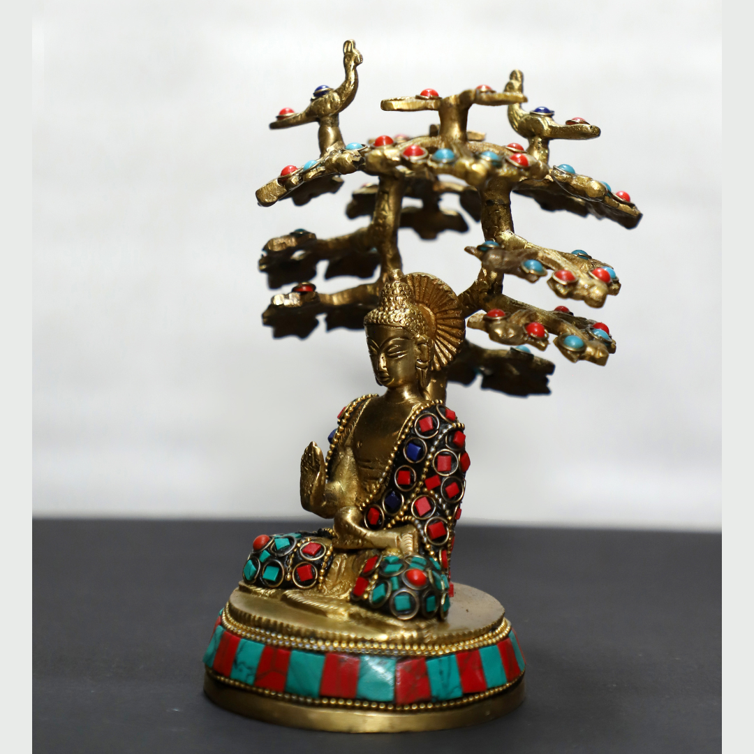 Stone Tree Buddha | Buddha Brass Idol with Stone Tree
