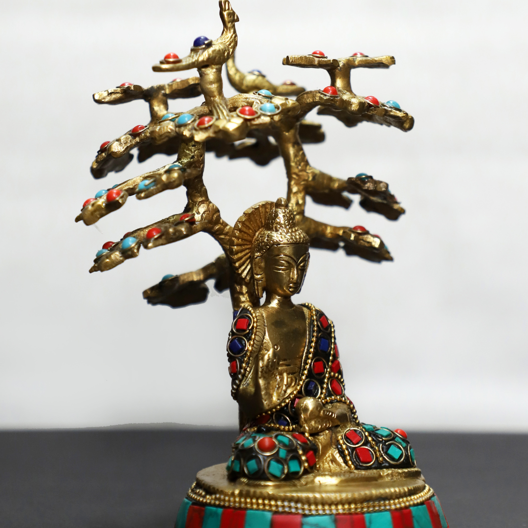 Stone Tree Buddha | Buddha Brass Idol with Stone Tree