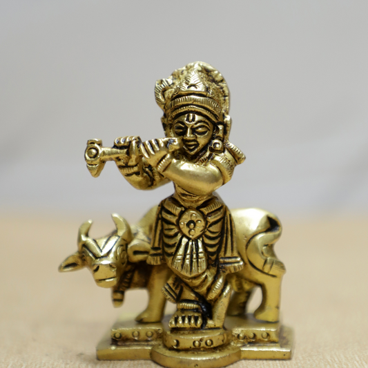 Cow Krishna Mini Brass Idol | Small Krishna with Cow