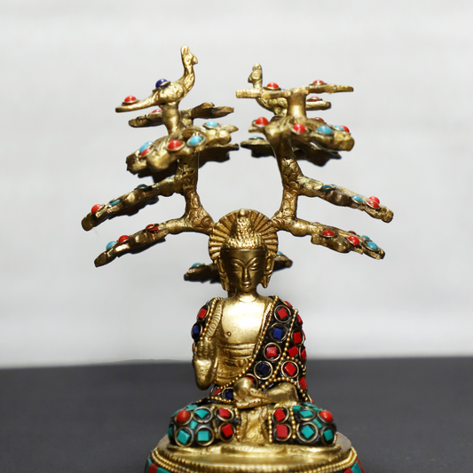 Stone Tree Buddha | Buddha Brass Idol with Stone Tree